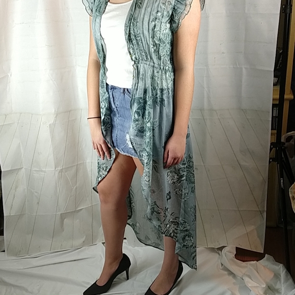 Long Sage Green Flowy Sheer Duster Vest Cover-up - Picture 2 of 7